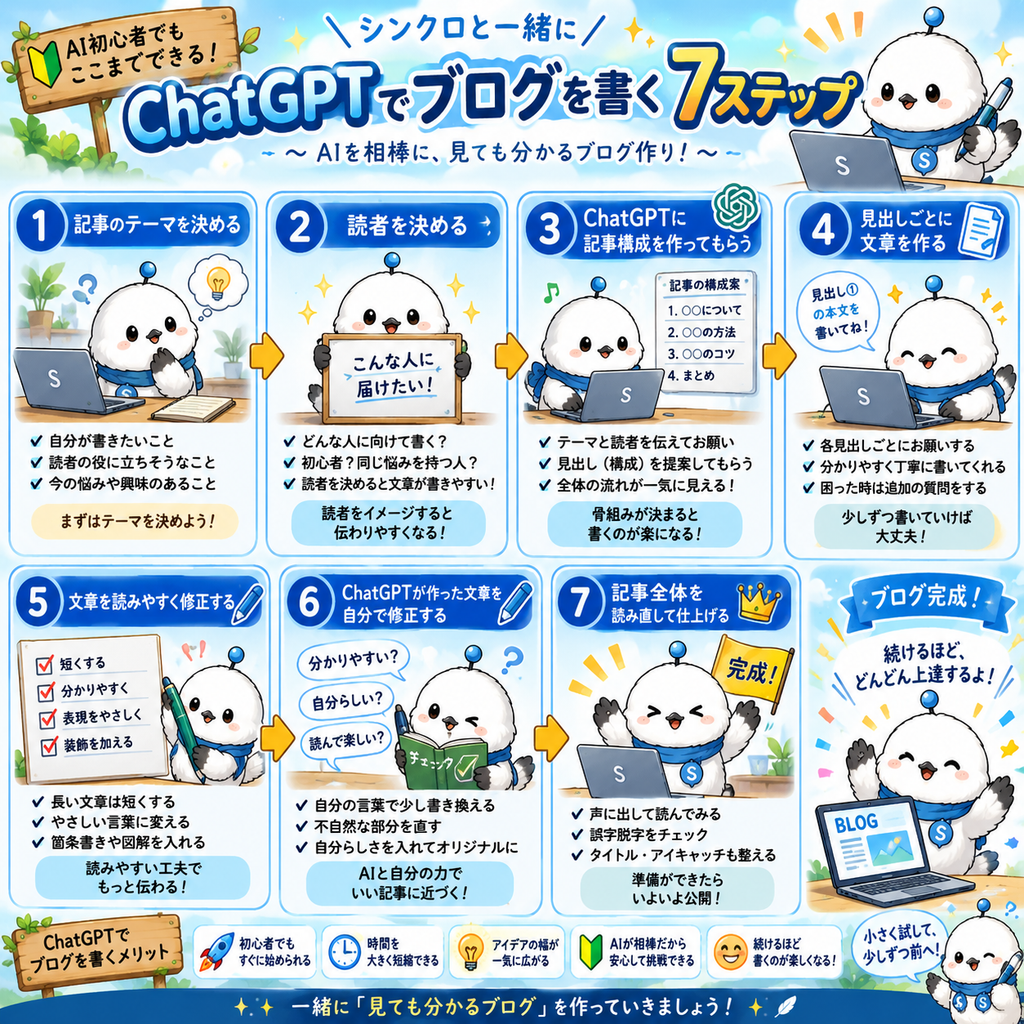 ChatGPTでブログ記事を書く7ステップを初心者向けに解説した図解